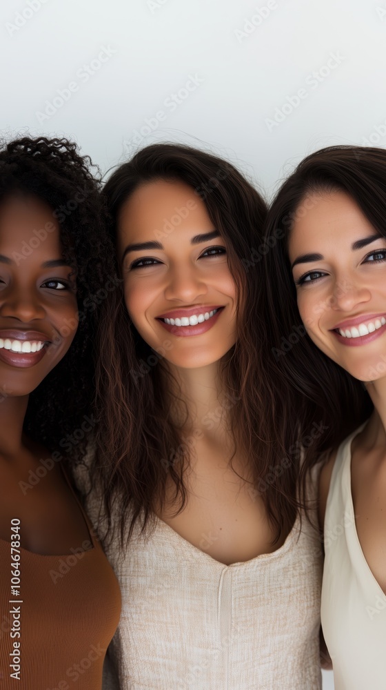 Three friends share a joyful moment with bright smiles, capturing the warmth and happiness of their close bond. Three friends share a joyful moment with bright smiles, capturing the warmth and happiness of their close bond.