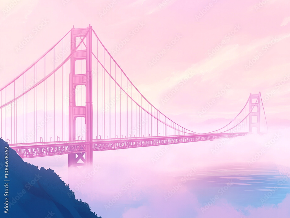 Fototapeta premium USA, aesthetic anime style wallpaper of the Golden Gate Bridge in San Francisco in California in soft pastel colors, pink sky with gentle fog, and serene bay waters in light blue and lavender tones.