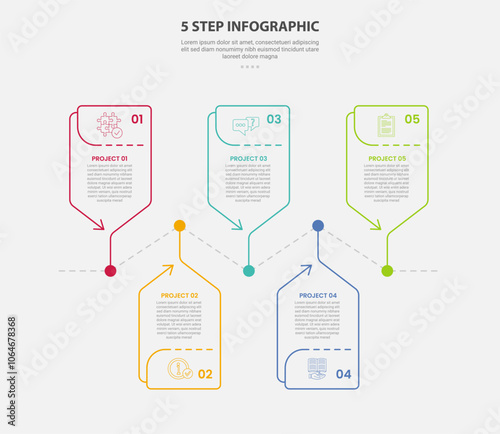 5 points template infographic outline style with 5 point step template with creative box arrow timeline up and down for slide presentation