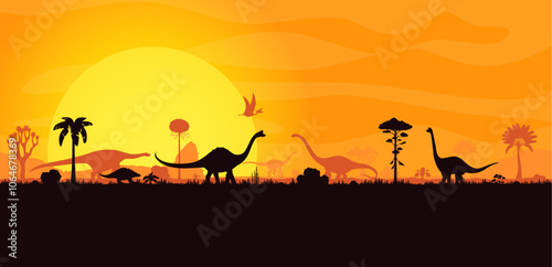 Dinosaurs silhouettes in sunset landscape of Jurassic era forest, vector background. Prehistoric giant lizards, dino pterodactyls and reptiles silhouettes in jungle forest with sunset for paleontology