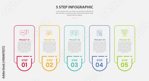 5 points template infographic outline style with 5 point step template with round vertical box container with badge on bottom for slide presentation