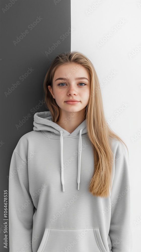 Portrait of a young woman wearing a grey hoodie, standing against a contrasting dark and light background. Portrait of a young woman wearing a grey hoodie, standing against a contrasting dark and light background.