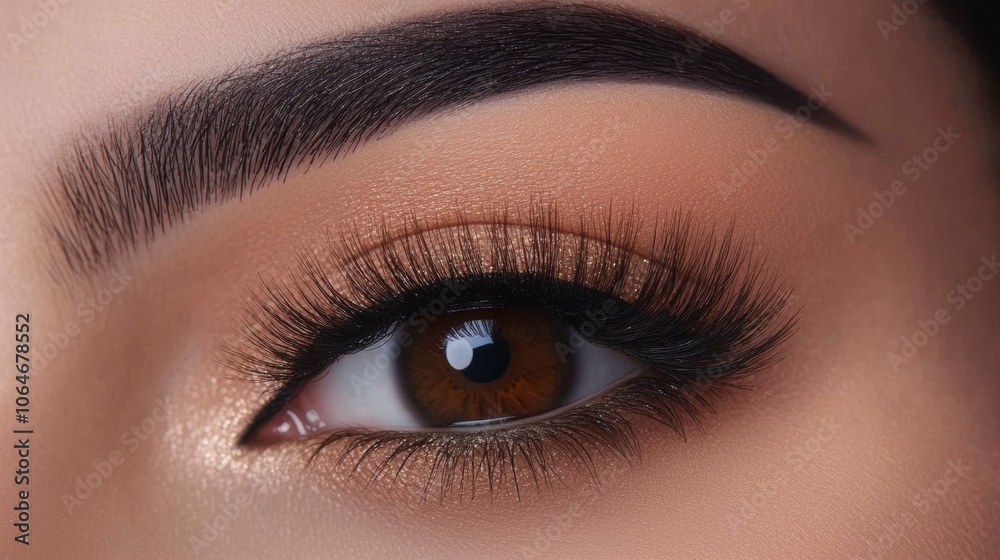 Fototapeta premium A close-up shot of a woman's eye with incredibly long fake eyelashes. The photo focuses on the eyelashes, highlighting their length and the beauty of makeup and cosmetics.