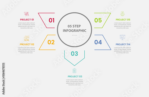 5 points template infographic outline style with 5 point step template with big circle and arrow spreading around for slide presentation