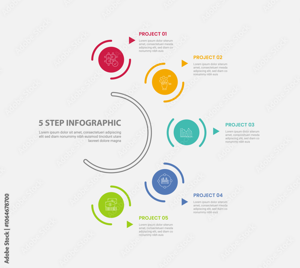 Fototapeta premium 5 points template infographic outline style with 5 point step template with circular object on half circle base line for slide presentation