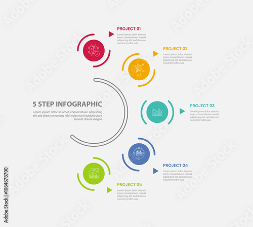 5 points template infographic outline style with 5 point step template with circular object on half circle base line for slide presentation