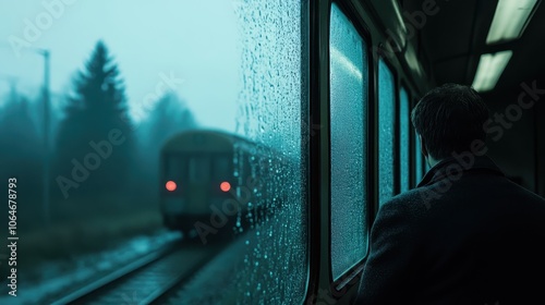 A lone traveler gazes out of a foggy train window while another train passes by during a rainy evening in a remote area