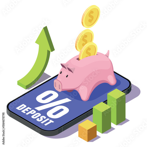 Isometric illustration of a piggy bank with emerging coins. The concept of an interest-bearing deposit