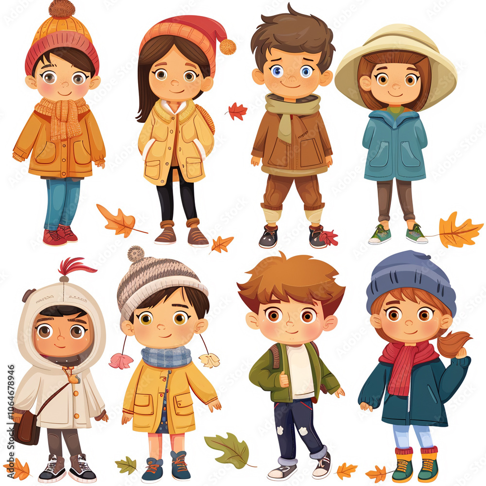 Cute little children PNG clipart set, cartoon boys and girls in autumn clothes Cute little children PNG clipart set, cartoon boys and girls in autumn clothes