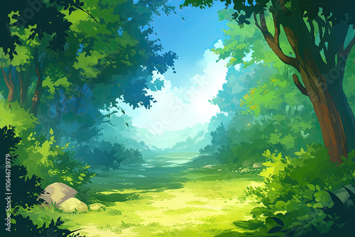 Woodland forest background banner, cartoon anime style graphic resource wide backdrop, empty space, trees wallpaper