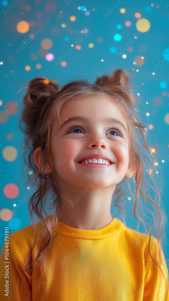 Smiling child in yellow against a colorful bokeh background, capturing innocence and wonder with vibrant colors and joyful expression. Smiling child in yellow against a colorful bokeh background, capturing innocence and wonder with vibrant colors and joyful expression.