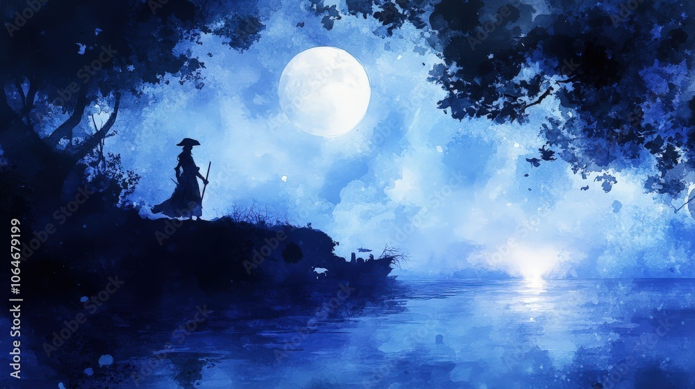 Solitary figure overlooking a moonlit lake representing a fantasy and mystery concept. Solitary figure overlooking a moonlit lake representing a fantasy and mystery concept.