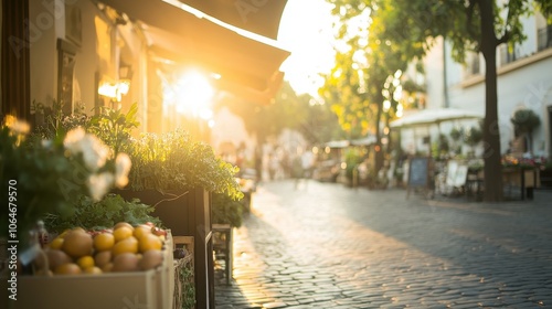 Fototapeta Naklejka Na Ścianę i Meble -  Early morning sunlight bathes a bustling market street filled with fresh produce and charming cafes in a quaint town