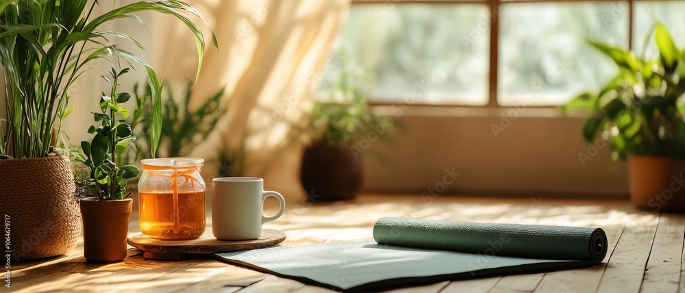 Cozy setup with plants, tea, and workspace. Cozy setup with plants, tea, and workspace.