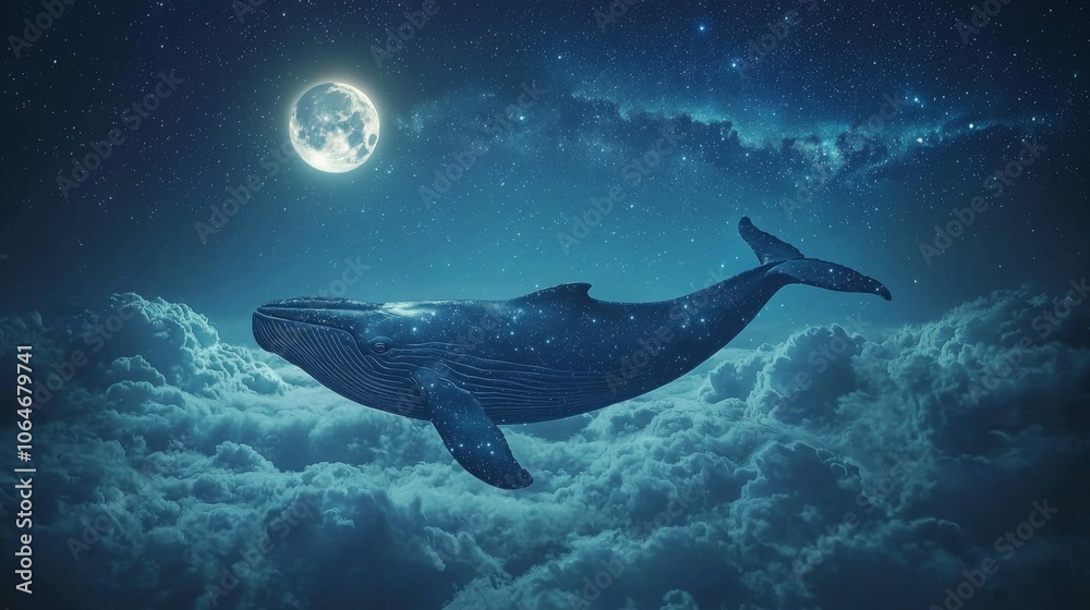 Fototapeta premium Majestic Whale Swimming Through Dreamy Cloud Sea