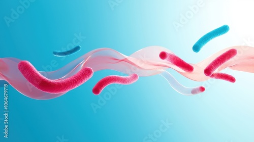 Abstract illustration of colorful bacteria-like shapes flowing on a gradient background, symbolizing microbiology or cellular activity.