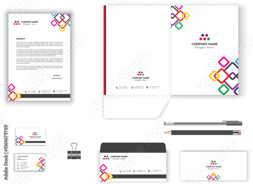 stationery set for business office vector design with letterhead, envelope, presentation folder, business card geometrical design stationary set
