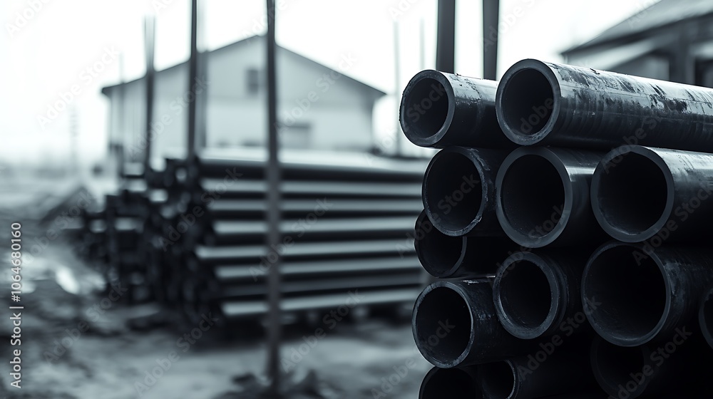Stacked Black Pipes in a Construction Site Stacked Black Pipes in a Construction Site