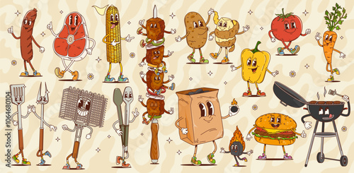 Retro cartoon groovy bbq barbeque characters with psychedelic grilled food and barbecue tools. Groovy vector personages of cute bbq meat, sausage, steak and vegetables, barbecue grate, charcoal grill