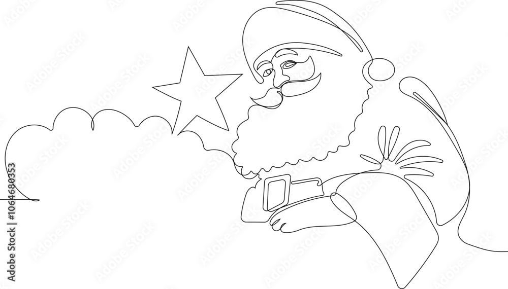 Outlined Cute Santa Claus Cartoon Character With A Sack Full Of Gifts. Vector Hand Drawn Illustration. One continuous line drawing Santa Claus on reindeer and sled. concept for Christmas and New Year