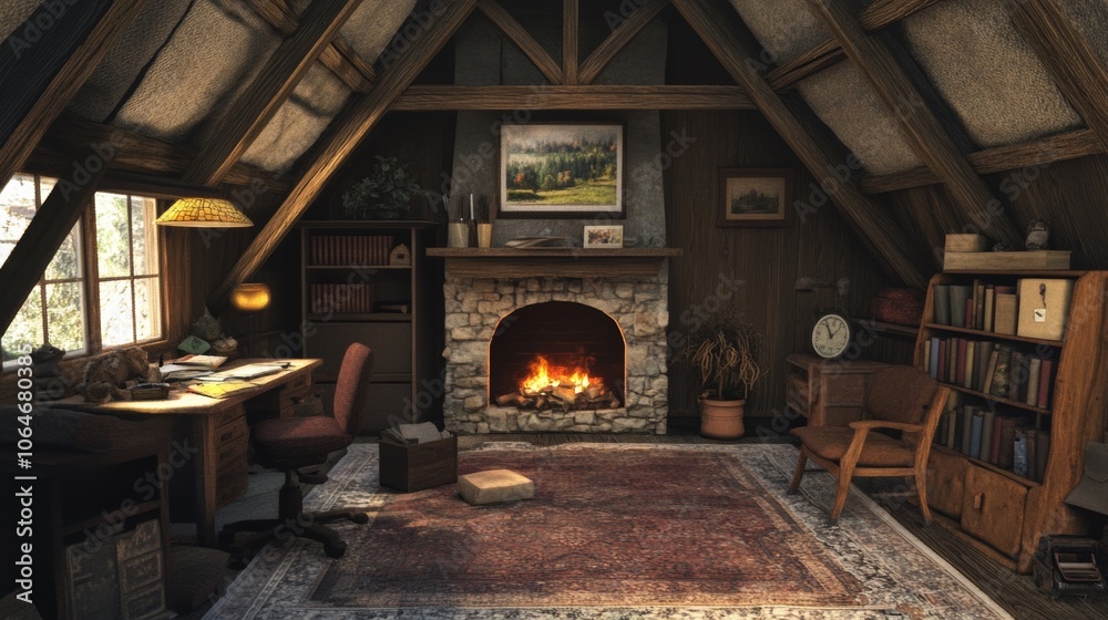 A cozy, small home office with an open layout and a fireplace.