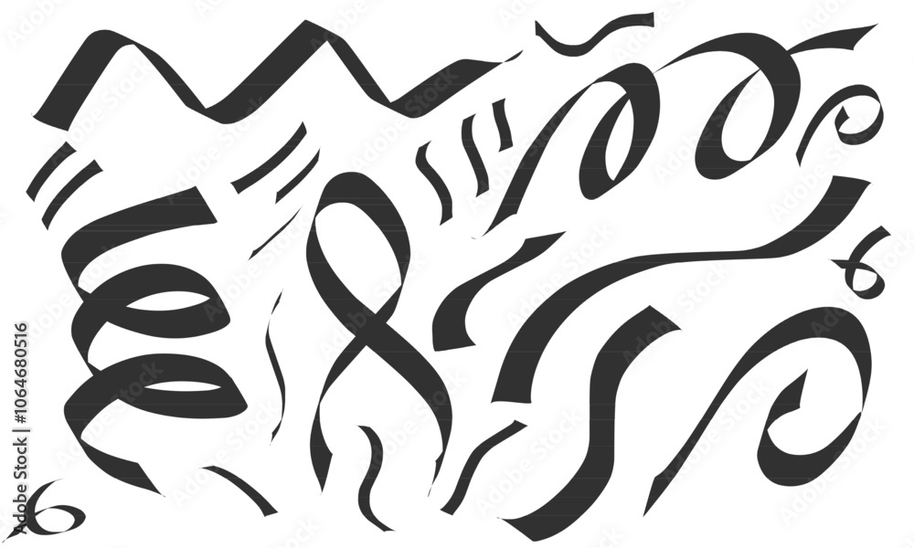 Abstract black curvy ribbon line set for decoration. Vector illustration. Children doodle line hand drawing. Abstract black curvy ribbon line set for decoration. Vector illustration. Children doodle line hand drawing.
