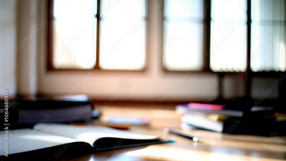 Hazy view of a study room with scattered books and study materials. Hazy view of a study room with scattered books and study materials.
