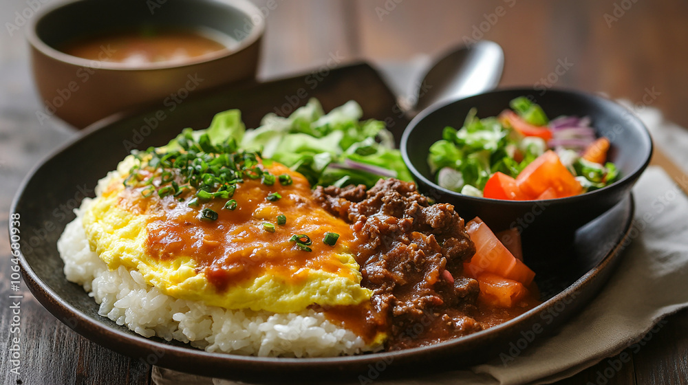 Fluffy omurice with beef stew, salad, and soup set Fluffy omurice with beef stew, salad, and soup set