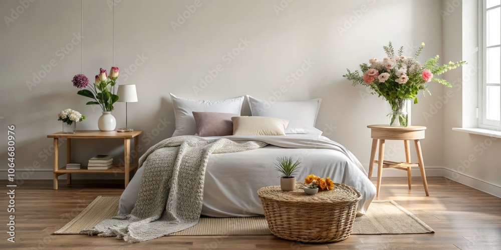 Cozy Bedroom Decor with White Duvet, Gray Blanket, Floral Arrangement, and Floor Basket for Relaxing Atmosphere in Modern Interior Design Cozy Bedroom Decor with White Duvet, Gray Blanket, Floral Arrangement, and Floor Basket for Relaxing Atmosphere in Modern Interior Design