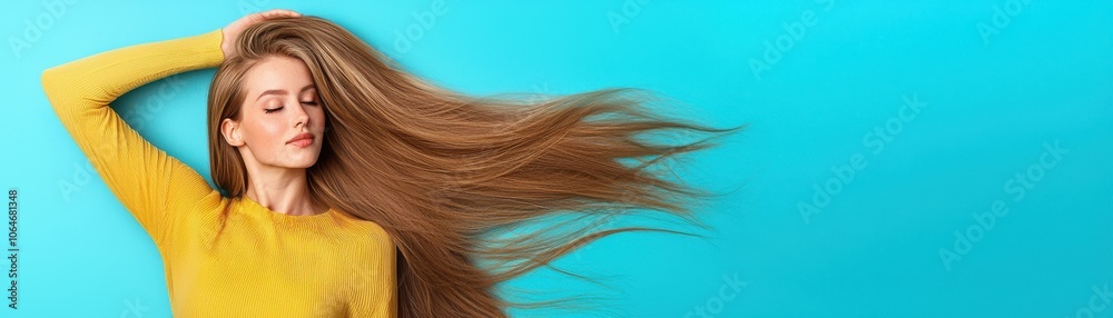 Naklejka premium A woman with long, flowing hair poses against a vibrant turquoise background, wearing a stylish yellow sweater and exuding confidence.