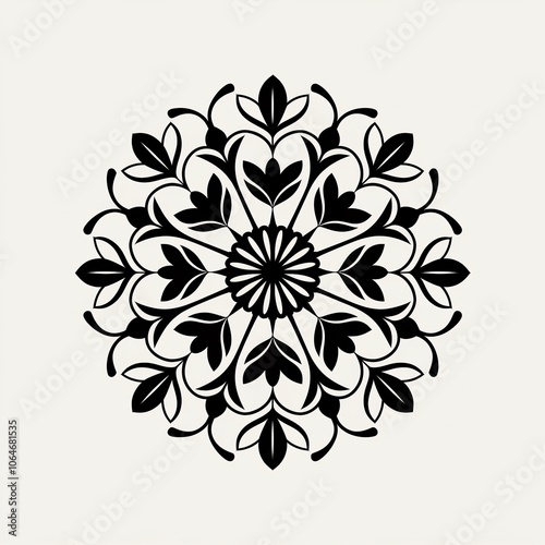 A black silhouette of a floral mandala design with a white background. The mandala has a large central flower surrounded by smaller flowers and leaves