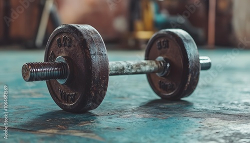 A Single Cast Iron Dumbbell Lying on a Dusty Blue Surface