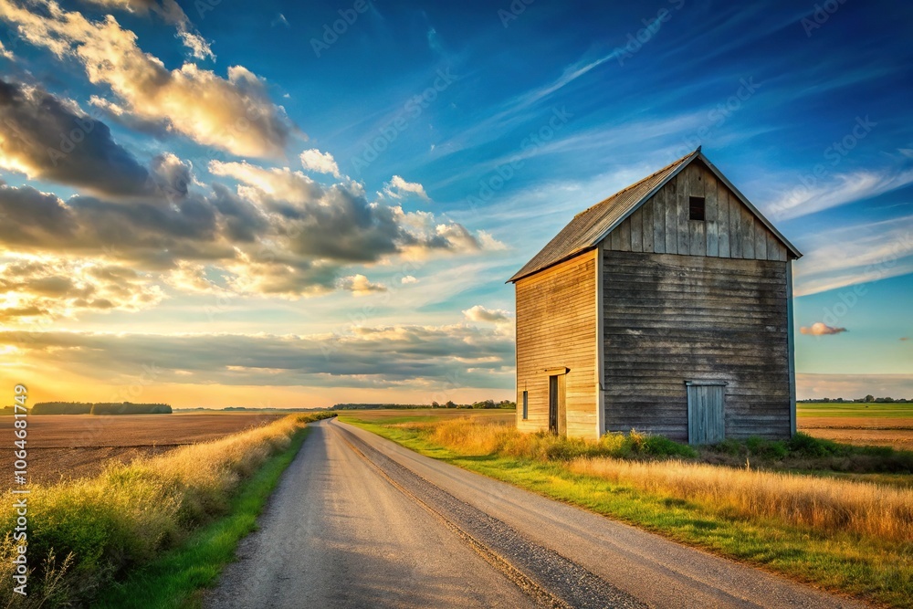 Wide-angle view of a granary on the side of a country road surrounded by fields of agriculture Wide-angle view of a granary on the side of a country road surrounded by fields of agriculture