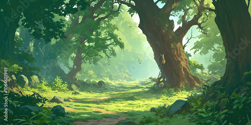 Woodland forest background banner, cartoon anime style graphic resource wide backdrop, empty space, trees wallpaper