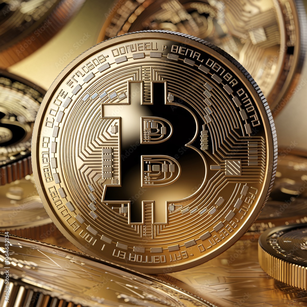 A 3D render of a photorealistic, gold Bitcoin coin with intricate circuitry patterns and the iconic A 3D render of a photorealistic, gold Bitcoin coin with intricate circuitry patterns and the iconic