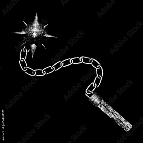 Medieval Weapon One-Handed Spiked Flail or Mace hand drawing vector isolated on black background.