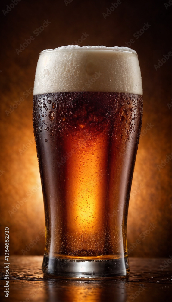 Dark beer, cold beer with bubbles overflowing from glass with water droplets