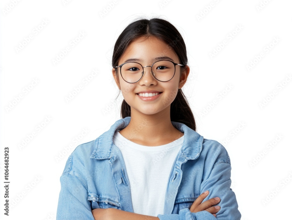 Confident Young Girl with Glasses in a Light Blue Jacket Confident Young Girl with Glasses in a Light Blue Jacket