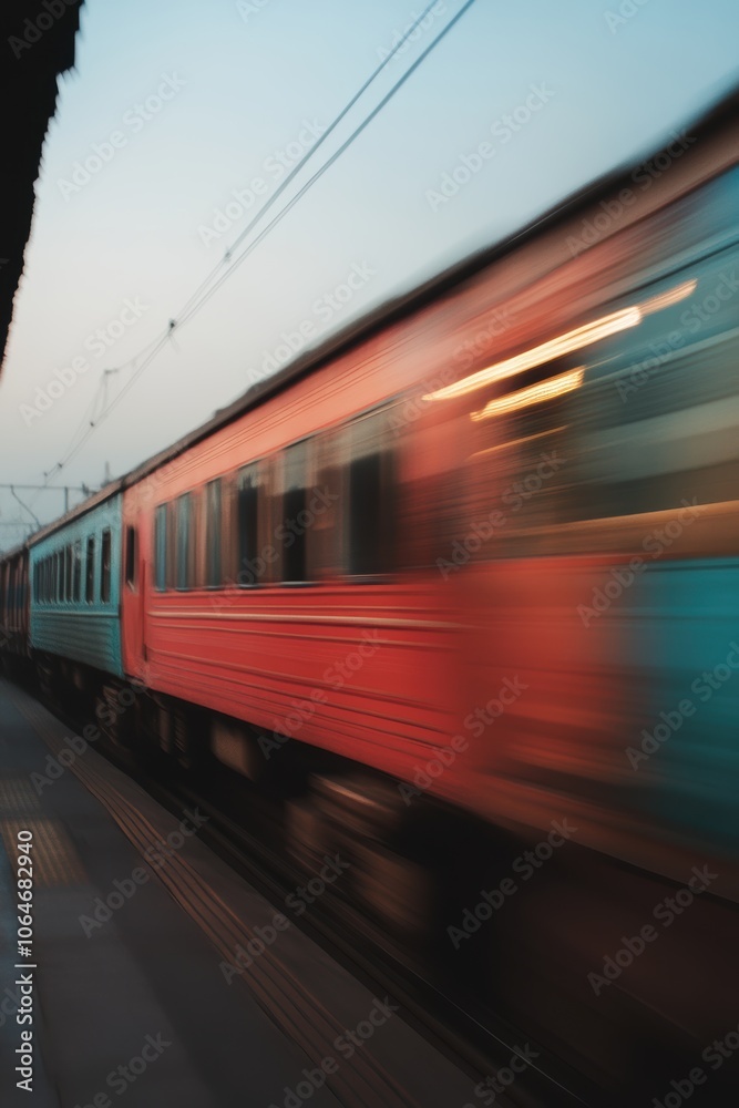 Fototapeta premium A colorful train blurs by, capturing the essence of travel and motion at dusk.