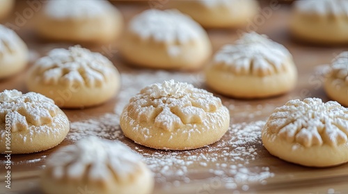 Delicate Cookies with Powdered Sugar on Wooden Surface