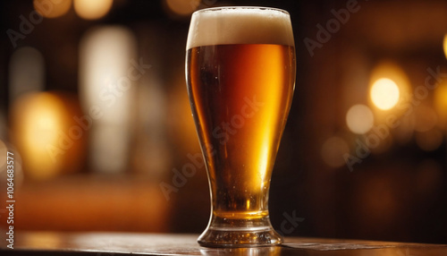 Dark beer, cold beer with bubbles overflowing from glass with water droplets