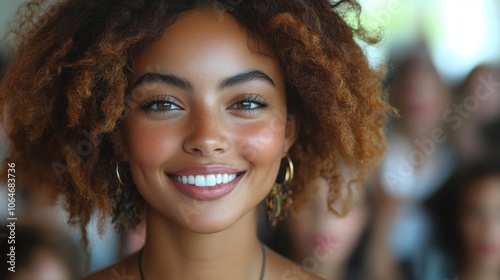 French woman smiles with excitement at fashion show surrounded by models and audience