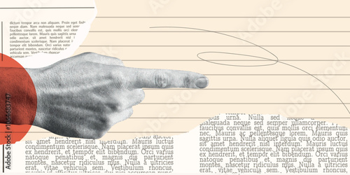 Banner with halftone hand, collage elements for scrapbook, web site. Trendy retro vintage paper cut for business. Old rip torn paper collection. Craft retro gazettes. Investments vector illustration.