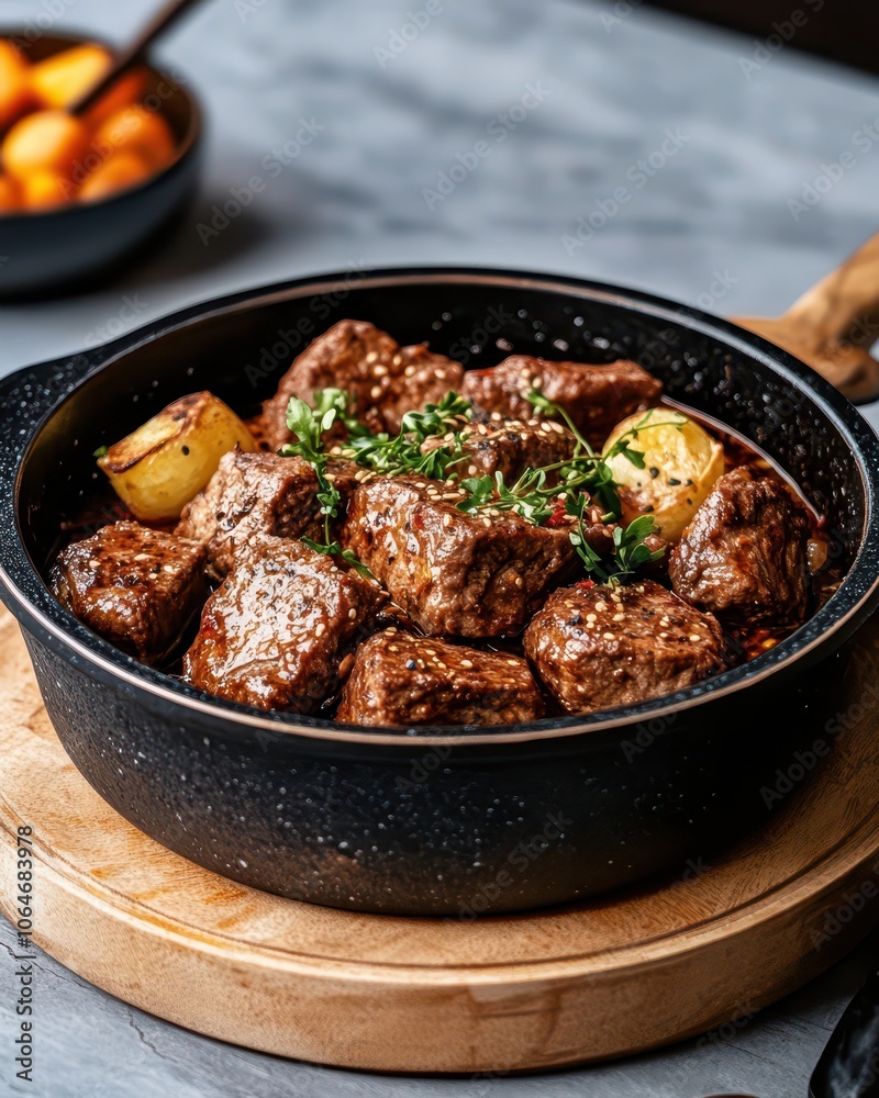 Elegant presentation of a complex slow-cooked dish with bespoke seasoning, showcasing culinary artistry and flavor. Elegant presentation of a complex slow-cooked dish with bespoke seasoning, showcasing culinary artistry and flavor.