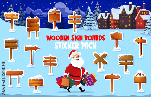 Christmas wooden sign boards stickers pack with Santa for winter holiday, cartoon vector. Wooden signboards stickers of signpost direction arrows or sign board pointers on pole with snow and icicles