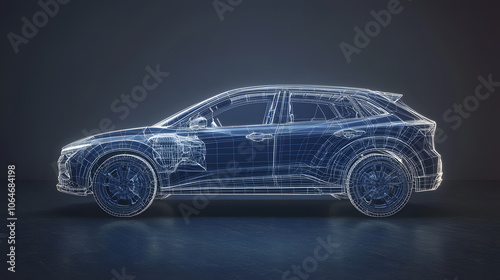 Wireframe model of a modern SUV in blue tones