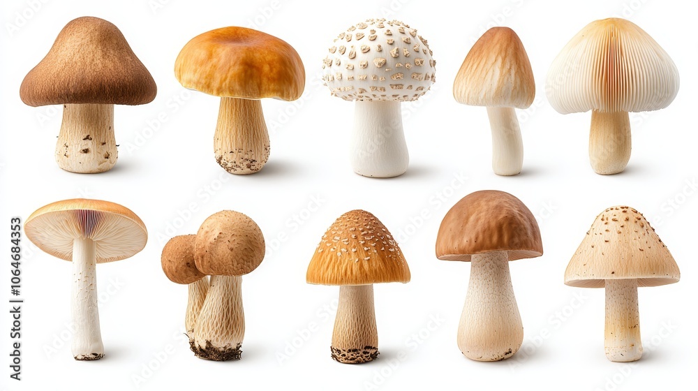 Variety of Realistic Assorted Mushrooms on White Background for Culinary Concepts