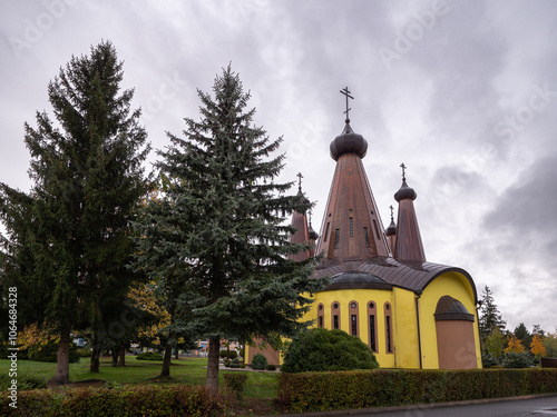 Svidník, Slovakia - 10.11.2024: The Orthodox Church of the Holy Trinity in Svidník was built between 1993 and 1994. It is also interesting during bad weather. photo