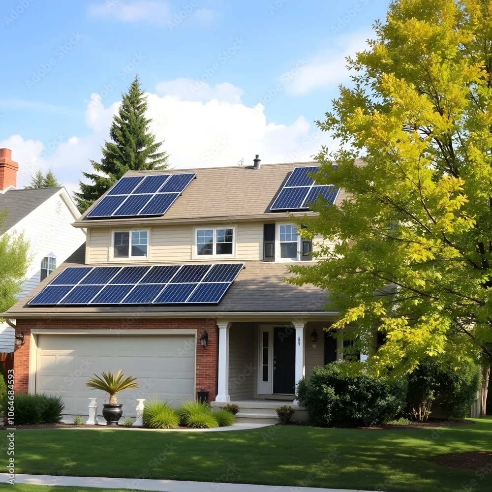 A suburban home with a traditional design, solar panels mounted on both sides of the roof, in a quiet neighborhood A suburban home with a traditional design, solar panels mounted on both sides of the roof, in a quiet neighborhood