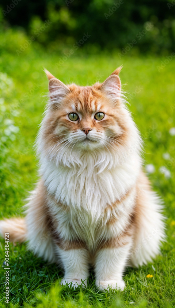 summer portrait of a fluffy Siberian cat walking on nature in garden on background of green grass summer portrait of a fluffy Siberian cat walking on nature in garden on background of green grass